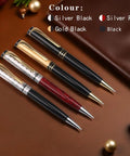 Premium Retractable Ballpoint Pen Set With Metal Body 7 Refills In Black Blue Red displayed on a brown surface