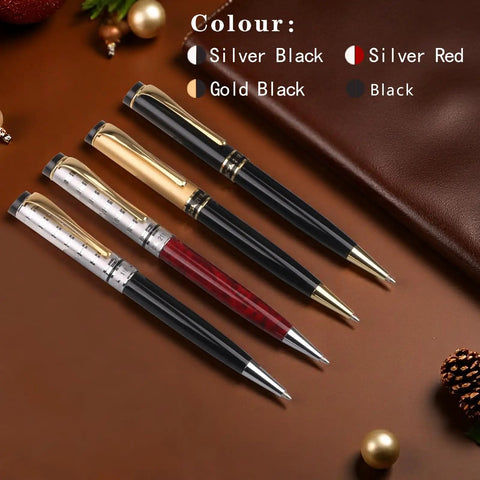 Premium Retractable Ballpoint Pen Set With Metal Body 7 Refills In Black Blue Red displayed on a brown surface