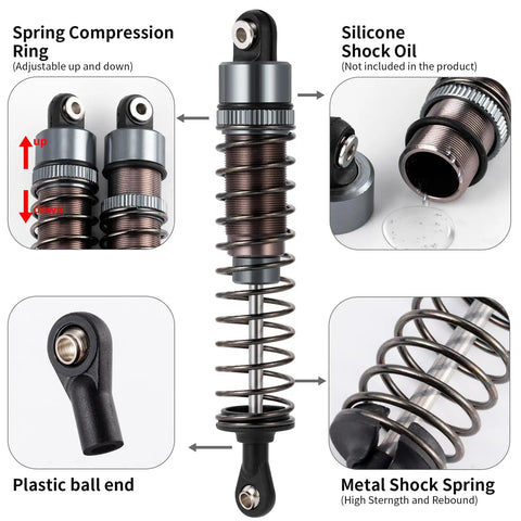 Oil Filled RC Shock Absorber Kit Four Piece Upgrade With Beefed Up Damping 1/10 Scale 70mm Front And 95mm Rear Dampers diagram