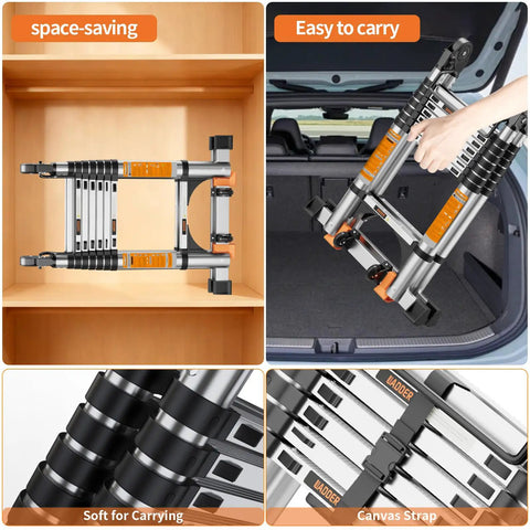 Pro Grade Telescoping A Frame Ladder 16.5 Foot With Dual Locks And Triangular Stabilizers, ANSI EN131 Safety Certified, 330 lbs Capacity, wide anti-slip rungs, folded and carried in a car