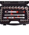 Heavy Duty 31 Piece Socket Wrench Set With One Half Inch Drive Ratchet and tool storage case, organized for automotive repairs.