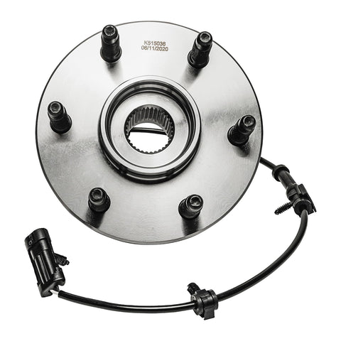 4WD Front Wheel Bearing Hubs Replacement Set For Chevy GMC Silverado Sierra Avalanche Yukon XL Suburban Tahoe Escalade ESV EXT Beefed Up Hubs For AWD 4x4 Models shown in silver with attached ABS sensor cable