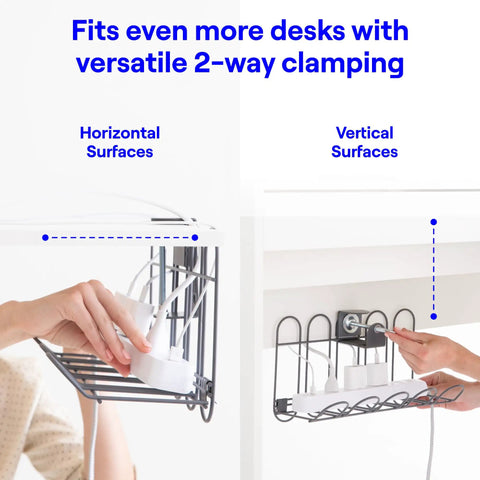 Under Desk Cable Organizer Tray With No Drill Clamp Tool Free Cord Management System installed on horizontal and vertical surfaces.
