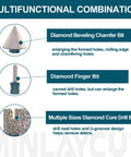Diagram showing Pro Grade Diamond Core Drill Bits Kit For Tile And Stone, including beveling chamfer and finger bits.