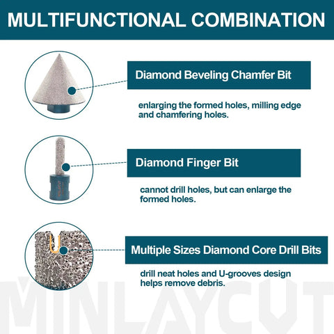 Diagram showing Pro Grade Diamond Core Drill Bits Kit For Tile And Stone, including beveling chamfer and finger bits.
