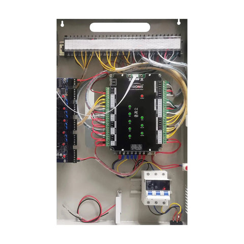 Interior view of Four Door Pro Grade Access Control Panel With TCP IP Wiegand, showcasing controller board and wiring inside metal enclosure.