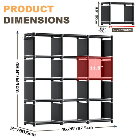 12-Cube Metal Book Shelf Storage Organizer DIY Bookcase Tall Black Shelving Unit dimensions size diagram