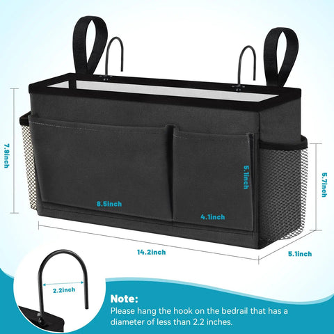 Dark Gray Bedside Caddy Storage Organizer for Bunk Beds and Dorm Rooms with waterproof canvas and adjustable hooks.