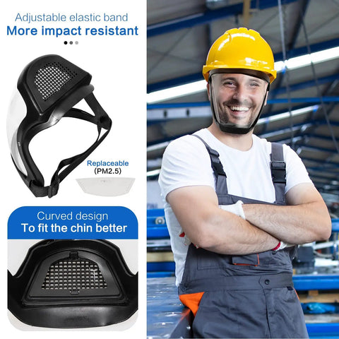 All In One Pro Grade Full Face Shield With Anti Fog Protection displayed with replaceable filter and adjustable design