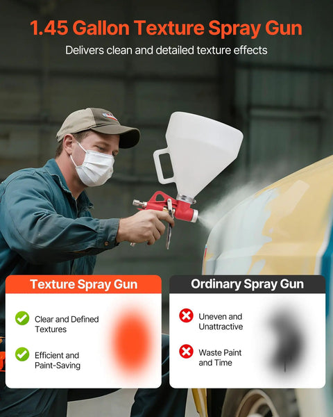 Professional Air Texture Spray Gun With 1.45 Gallon Hopper And Swappable Nozzles For Straight Up Smooth Popcorn Knockdown And Orange Peel Drywall Texturing That Works Like A Charm in use, delivering clear textures.