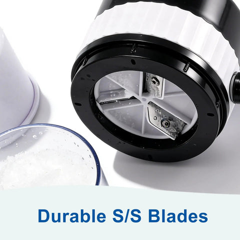 Close-up of 18/8 stainless steel blades on manual snow cone and slushie maker with shaved ice texture