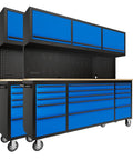 72 Inch Beefy On Wheels Tool Chest With Locking Drawers 15 Drawers And 3 Upper Cabinets Pegboard With Power Outlet Blue Garage Toolbox Set 2 Pack For Large Workshops, blue rolling cabinet set