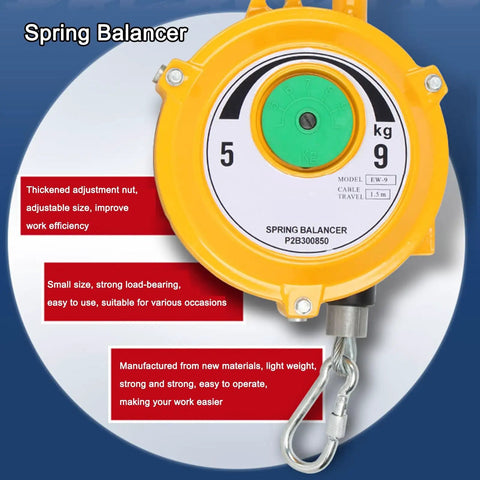 Heavy Duty Retractable Tool Balancer With Smooth Glide Cable Spool And Adjustable Tension Spring Mount showing its yellow casing and load capacity indicators.