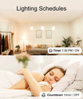 Smart WiFi Light Switch For Single Pole Wiring 2.4GHz Easy Setup Works With Alexa And Google Home Voice Control Neutral Wire Required UL Certified 120V 15A Max Not For 3 Way Lighting Includes 2 Pack showing lighting schedule with timer and countdown settings.
