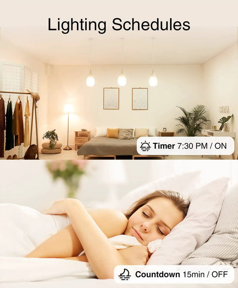 Smart WiFi Light Switch For Single Pole Wiring 2.4GHz Easy Setup Works With Alexa And Google Home Voice Control Neutral Wire Required UL Certified 120V 15A Max Not For 3 Way Lighting Includes 2 Pack showing lighting schedule with timer and countdown settings.