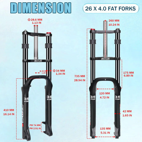Dimensions of 26 Inch Fat Tire Front Suspension Fork for E Bikes and Snow Beach Mountain Bikes, 180mm Travel, 135mm Hub