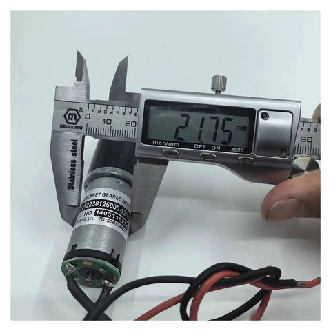 Dope 25mm Planetary Gearbox for DC Motors with caliper measurement, 6V 12V compatibility, shown with high torque gear reducer.
