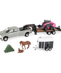 CASE SV340B Skid Steer Loader Toy Set With Flatbed Trailer RAM Pickup Horse Trailer And Two Horses Kid Friendly Farm Playset