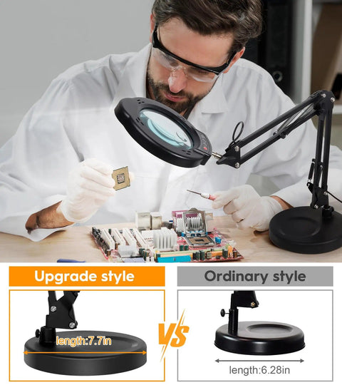 Man using 10X Magnifying Glass With Light And Stand for electronics repair, showing upgrade style with 7.7in arm length