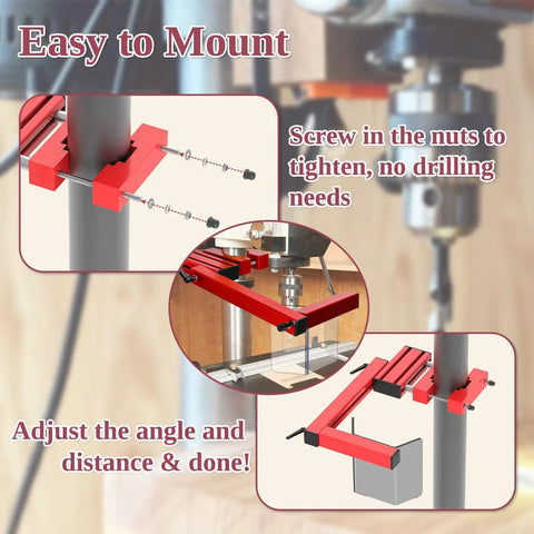 Adjustable Drill Press Guard Shield for 2.0 to 4.0 inch column diameter shown in close-up with mounting details.