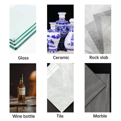Glass, ceramic, rock slab, wine bottle, tile, and marble pieces demonstrating cutting surfaces for a 4 1/2 Inch Tile Cutter Diamond Saw Blade for Angle Grinder.