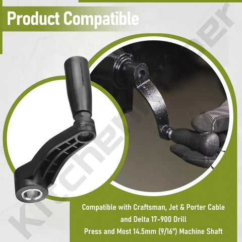 Top Shelf Drill Press Crank Handle Replacement For Nine Sixteenths Inch Drive Shaft Six Inch Turning Radius Three Sixty Degree Free Swivel Feed Knob on 9/16 shaft.