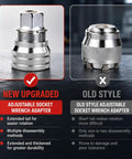 Comparison of new upgraded adjustable socket wrench adapter and old style for All Purpose Universal Socket Wrench Tool Set With Auto Adjusting Ten To Nineteen Millimeter Sockets For Three Eighths Inch Drive Ratchets And Power Drills Includes Drill Adapter For Quick On The Go Maintenance.