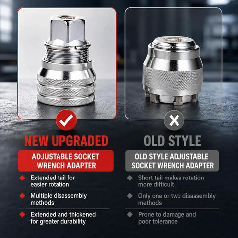 Comparison of new upgraded adjustable socket wrench adapter and old style for All Purpose Universal Socket Wrench Tool Set With Auto Adjusting Ten To Nineteen Millimeter Sockets For Three Eighths Inch Drive Ratchets And Power Drills Includes Drill Adapter For Quick On The Go Maintenance.