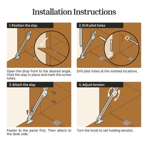 Installation instructions for Solid 6 Inch Antique Copper Adjustable Friction Lid Stay with Slick Turn Knob and setup details.