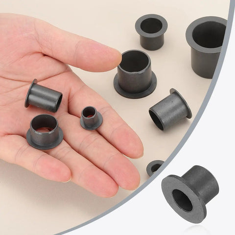Dope 8 Pack Flanged Sleeve Bearing Set Black POM Plastic Bushing 5mm ID 7mm OD 7mm Length Flange Diameter 11mm Thick 1mm For Small Motors DIY Projects And Precision Axial Bushings, shown in hand