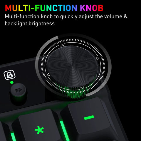 Close-up of multi-function knob on Dope Full Size Gaming Keyboard With Quick Turn Volume Knob, 104 Keys Wired PC Peripheral.