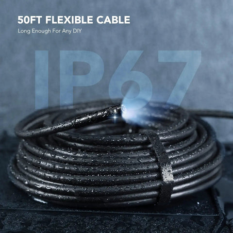 50Ft SemiRigid Endoscope Camera With Light And 5 Inch IPS Screen Triple Lens Sewer Inspection Borescope 1080P Waterproof Drain Pipe Tool Split Screen View Carrying Case DIY Ready Pro Grade For Home And Car Repairs coiled cable showcasing IP67 waterproof feature