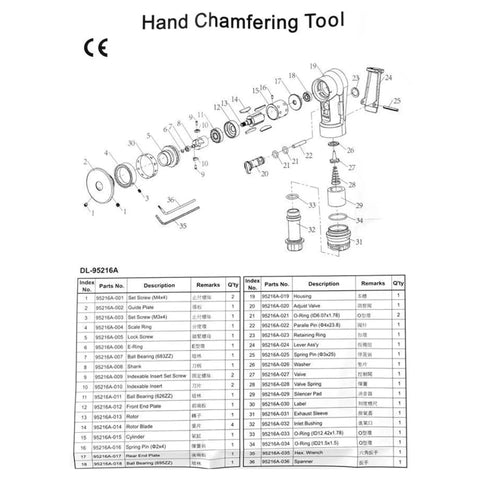 Exploded view diagram of Handheld Pneumatic Chamfering Tool For Metal And Wood Deburr Edge Beveling Machine components.