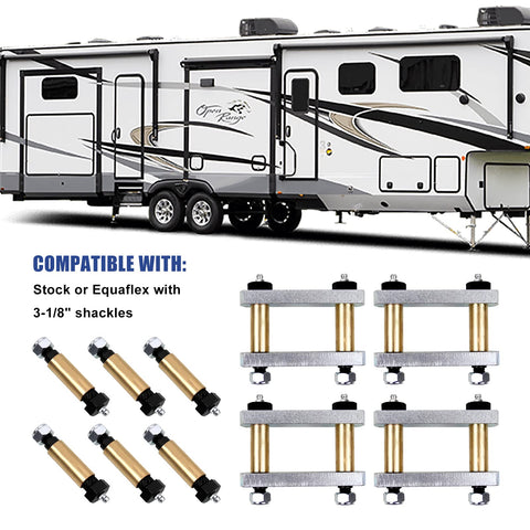 Heavy Duty Trailer Shackle Upgrade Kit with 3.125 Inch Shackles for Tandem Axle RVs Replaces UO12 021 shown with tin bronze bushings.