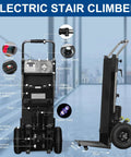 Heavy Duty Electric Stair Climbing Hand Truck 1200W Power With 880Lb Capacity Folding Cart showing control panel and motor details.