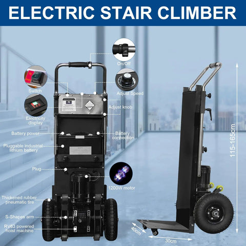 Heavy Duty Electric Stair Climbing Hand Truck 1200W Power With 880Lb Capacity Folding Cart showing control panel and motor details.