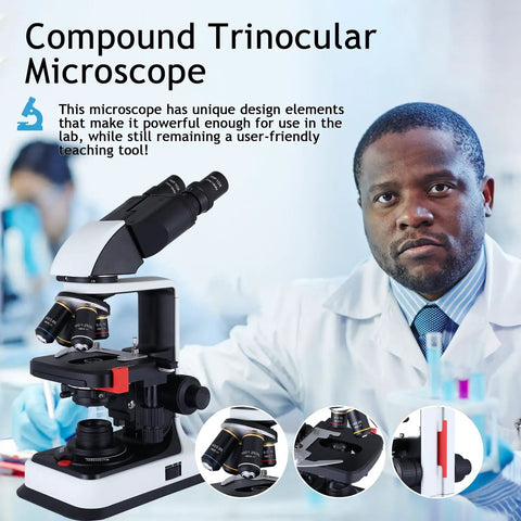 40X To 2500X Lab Microscope With Led Illumination And Double 3D Mechanical Stage For Students And Adults In Education High Magnification Compound Microscope For Science Class in a lab with a scientist.