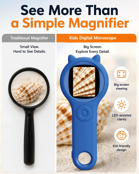 Go-To Pocket Sized Explorer 500X Handheld Digital Microscope For Kids With 2 Inch IPS Screen Portable STEM Toy For Travel Camping And School Projects Ages 5-12 Dark Blue, blue handheld kids digital microscope on screen