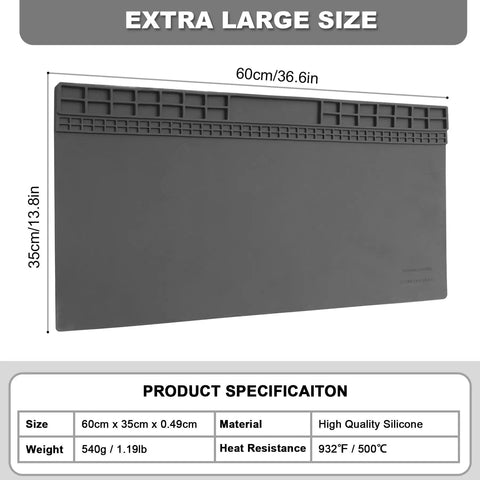 Extra Large 23.7x13.8 Inch Soldering Mat With ESD Wrist Strap Kit, grey silicone workbench pad dimensions and features.