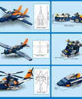 3 In 1 Fighter Jet Building Set With Jet Gunship Helicopter And Propeller Plane Military Aircraft Toys For Kids 10 And Up 738 Pieces Includes Rocket Launcher And Speedboat Buildable Model Awesome Birthday Gift shown in 6 images, including sizes and diagrams of assembled models.