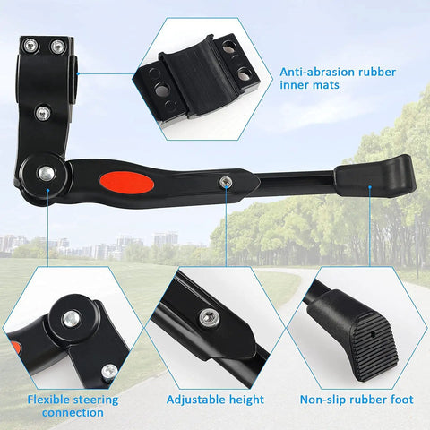 Adjustable Bicycle Kickstand With Built In Bike Bell For 22, 24, 26 Inch Kids Bikes And MTB Road And Mountain Rides close-up show casing design features