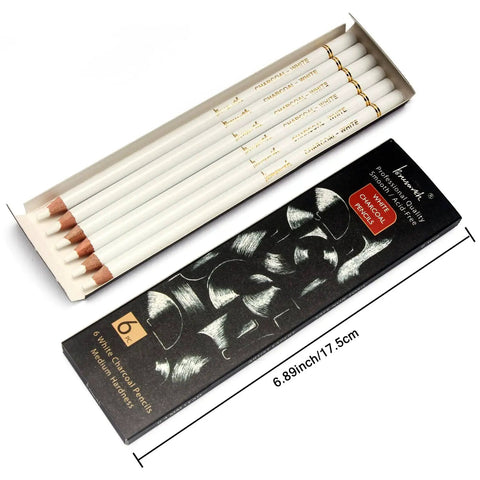 White Charcoal Pencils Drawing Set, Go To Pro Grade 6 Piece Sketch Kit with packaging, suitable for dark paper.