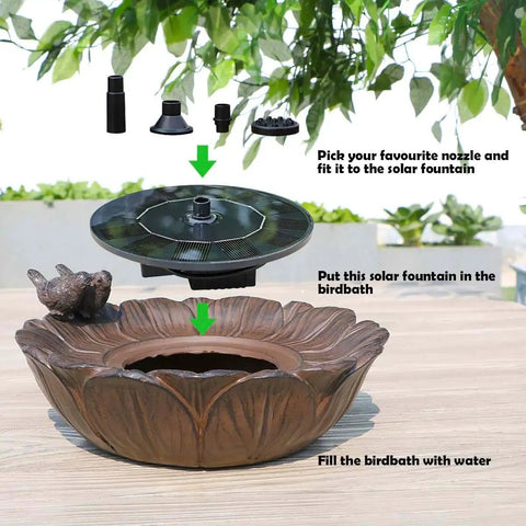 Sunflower Solar Bird Bath Fountain With Resting Bird Eco Friendly Solar Powered Outdoor Garden Water Feature With Three Nozzles Easy Setup For Bird Bath And Hummingbirds In The Yard Or Patio, showing assembly components on table.