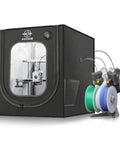 Tough As Nails 3D Printer Enclosure With LED Light for A1 and A1 Mini, black tent, clear window, filament holder on side.