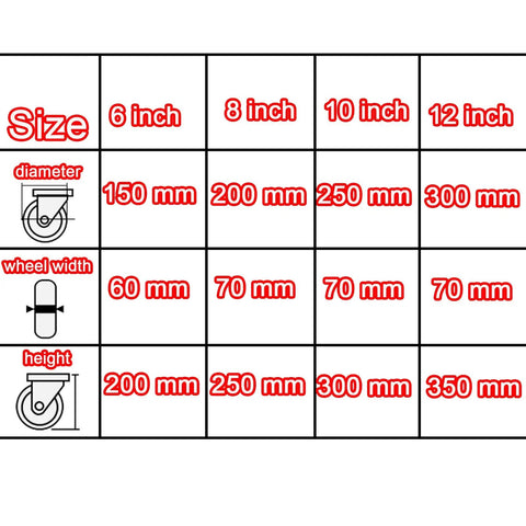 Size chart for Heavy Duty Swivel Caster Wheel With Puncture Proof Rubber Treads And Quiet Ball Bearings showing dimensions.