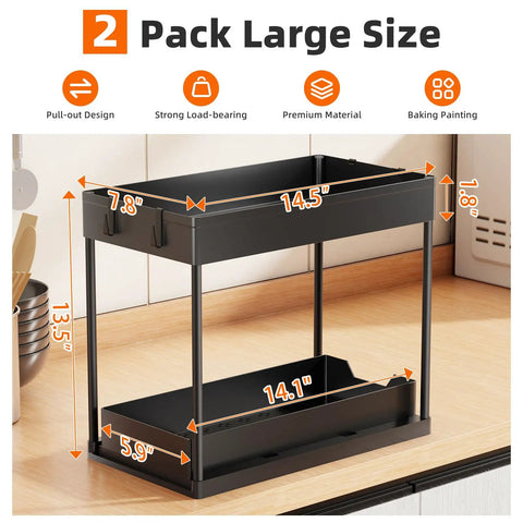 Smooth Pullout Under Sink Organizer Two Pack Heavy Duty Metal Rack For Kitchen And Bathroom Big Stack Zero Clutter Solid Setup Storage Game Changer In Black with dimensions 14.5 x 7.8 x 13.5 inches.