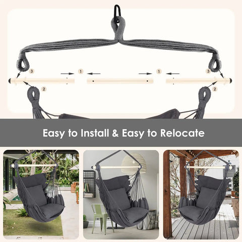 Hammock Chair Hanging Rope Swing With Steel Spreader Bar Anti Slip Rings Handles Up To 500 Lbs Includes Two Cushions Indoor Or Outdoor Use