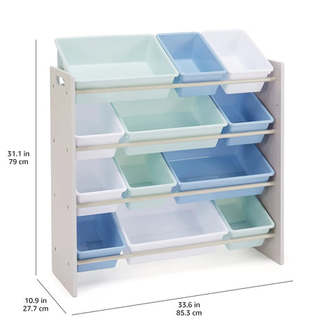 Super Slick Kids Toy Storage Organizer With Twelve Removable Blue Plastic Bins Mounted On Sturdy Grey Composite Frame Totally Legit Pick For Playroom Or Bedroom Setup Wall Anchored Design Built Tough For Daily Cleanup Sessions