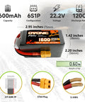 6S 1600mAh 22.2V LiPo Battery 120C with XT60 Connector for RC FPV Racing Drones Quadcopters, dimensions and connectors shown