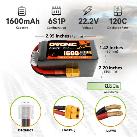 6S 1600mAh 22.2V LiPo Battery 120C with XT60 Connector for RC FPV Racing Drones Quadcopters, dimensions and connectors shown
